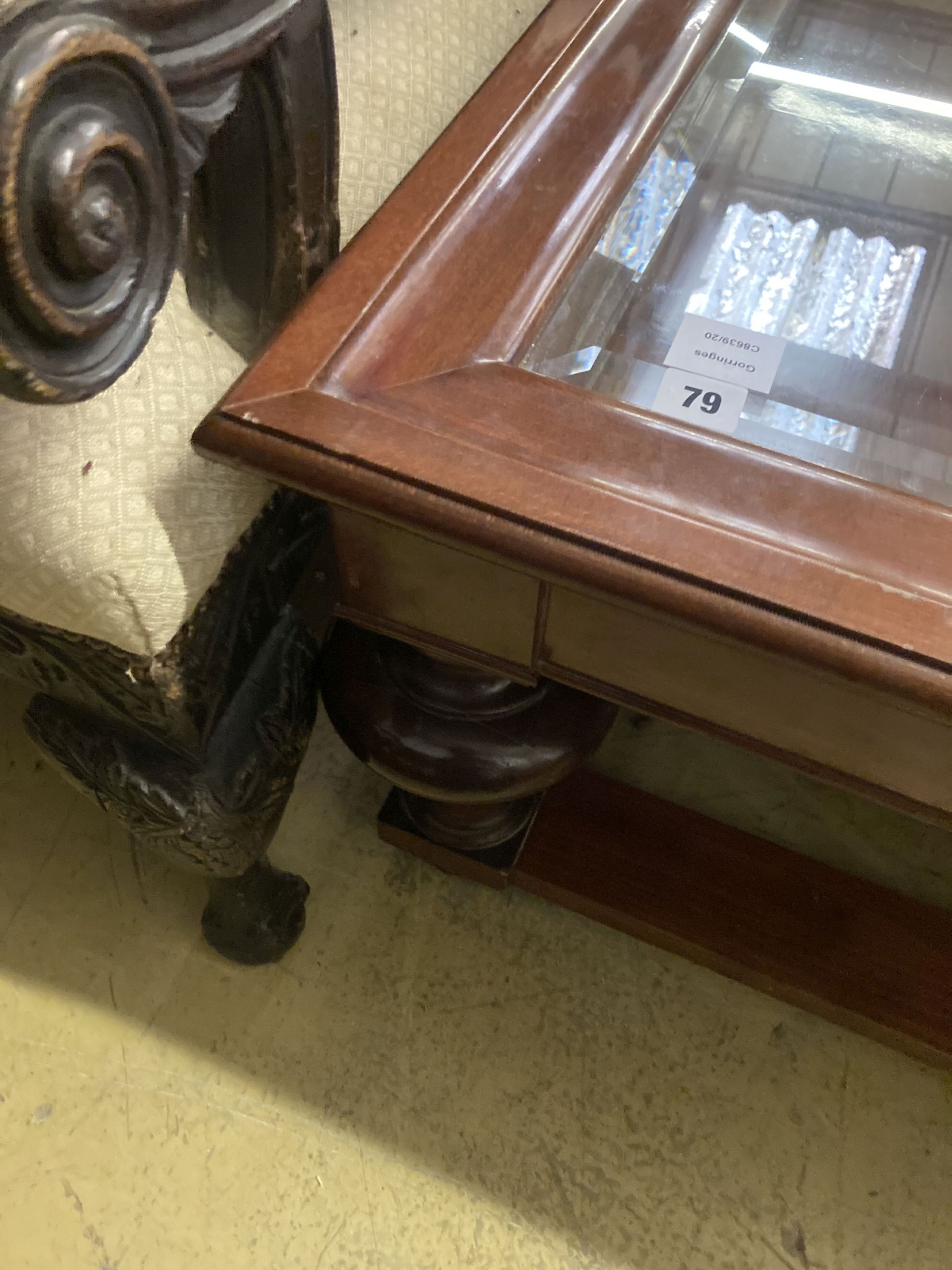 A reproduction walnut glass top square coffee table, 103cm, height 46cm